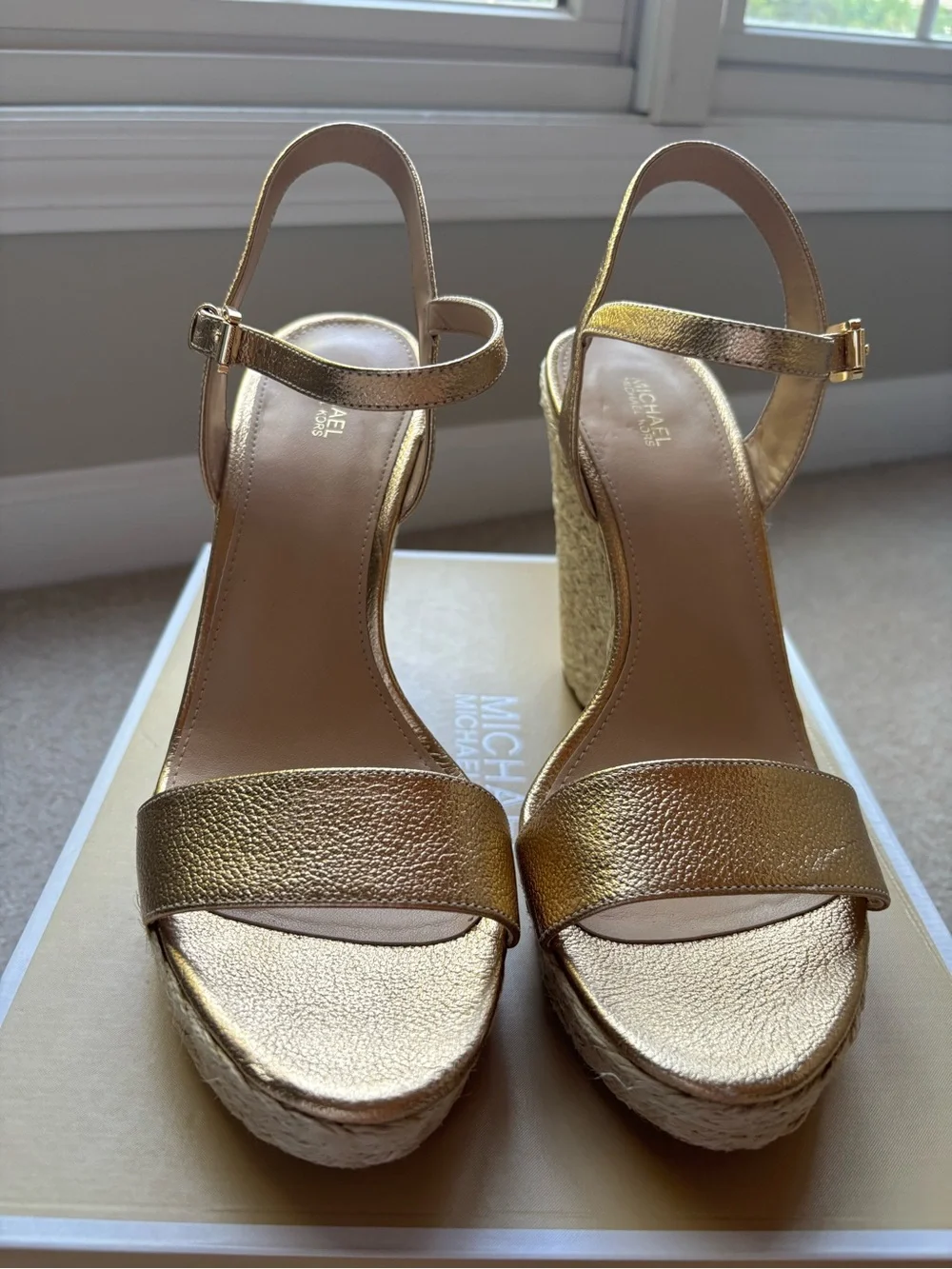 Michael Kors Gold Metallic Espadrille Wedge Sandals with Ankle Strap